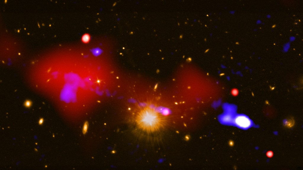 Un trou noir rare, à l'origine de la formation d'étoiles. // Source : X-ray: NASA/CXC/INAF/R. Gilli et al.; Radio NRAO/VLA; Optical: NASA/STScI (photo recadrée)