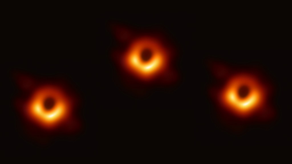 Trois trous noirs supermassifs ont été vus au centre d'une galaxie. // Source : Wikimedia/CC/Event Horizon Telescope, montage Numerama
