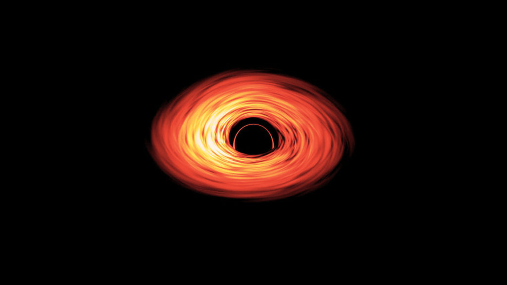 Une représentation d'un trou noir. // Source : NASA’s Goddard Space Flight Center/Jeremy Schnittman (photo recadrée, modifications Numerama)