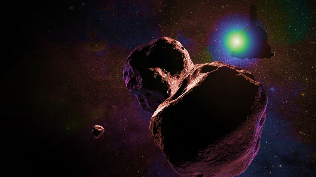 Une représentation d'Ultima Thulé et de la sonde New Horizons. // Source : NASA/JHUAPL/SwRI (photo modifiée)