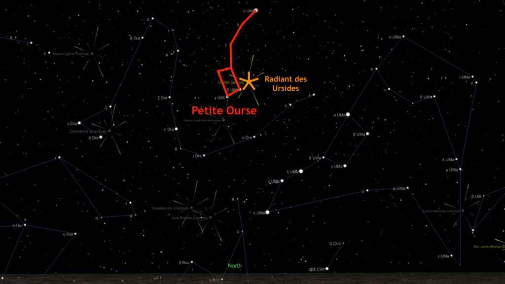 Le radiant des Ursides, le 22 décembre à 21h, vu de Paris. // Source : Capture d'écran The Sky Live, annotations Numerama