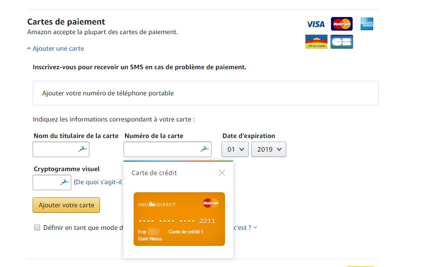 Lorsqu'une carte est enregistrée dans Dashlane, celle-ci est automatiquement proposée lorsque le logiciel repère un champ dédié aux cartes bancaires.