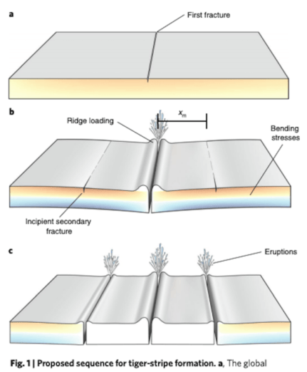 "Cascading parallel fractures on Enceladus" // Source : Douglas J. Hemingway , Maxwell L. Rudolph , Michael Manga 