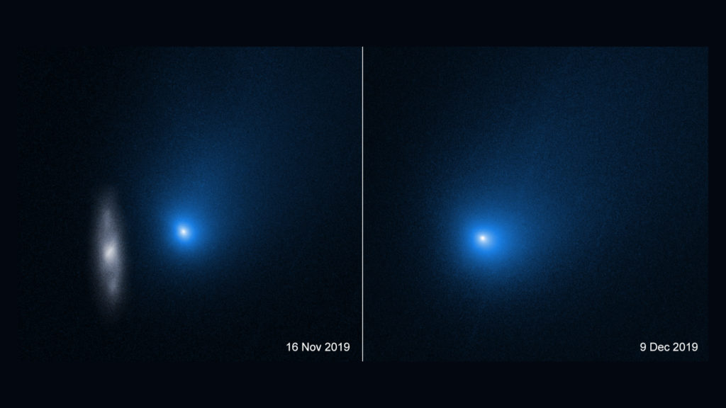 La comète Borisov avant et après son approche du Soleil. // Source : NASA, ESA and D. Jewitt (UCLA) (photo recadrée)