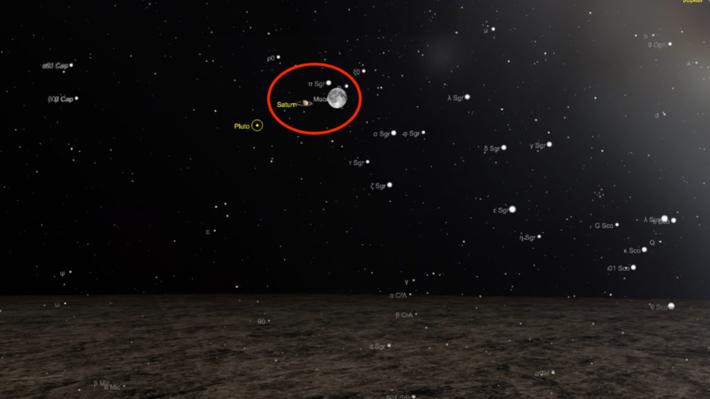 La conjonction entre Saturne et la Lune dans la nuit du 18 au 19 juin 2019. // Source : Capture d'écran The Sky Live, annotation Numerama