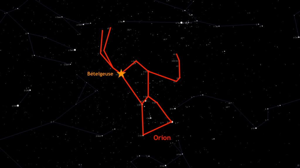 La position de Bételgeuse dans la constellation d'Orion. // Source : Capture d'écran The Sky Live, annotations Numerama