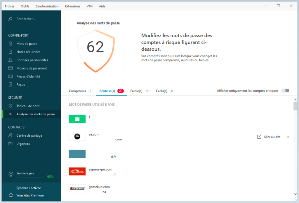 Dashlane catégorise les mots de passe et indique quand ils sont réutilisés trop souvent (ici, 8 fois !), sur quels sites ou services et avec quel compte.