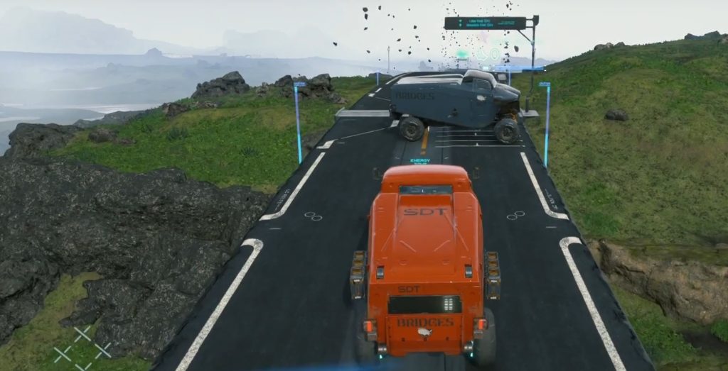 Exemple d'un camion qui bloque une route dans Death Stranding // Source : Eurogamer