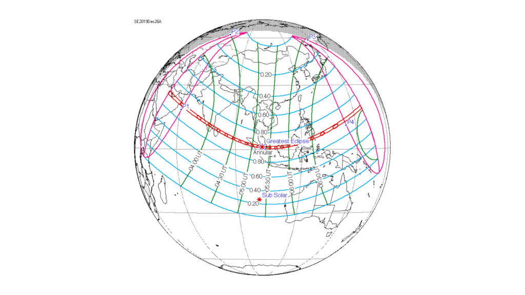 La bande de centralité de l'éclipse est représentée en rouge. // Source : Wikimedia/CC/Nasa (photo recadrée)