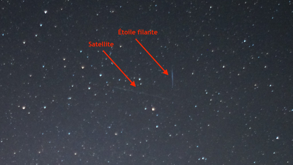 Une étoile filante et un satellite. // Source : Flickr/CC/Mike Lewinski (photo recadrée et annotée)
