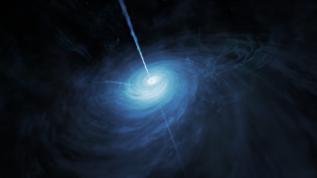 Le quasar J043947.08+163415.7, qui contient un trou noir supermassif. // Source : ESA/Hubble, NASA, M. Kornmesser (photo recadrée)