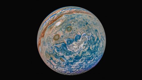 Jupiter. // Source : NASA/JPL-Caltech/SwRI/MSSS Image processing by Prateek Sarpal, © CC NC SA (photo recadrée)
