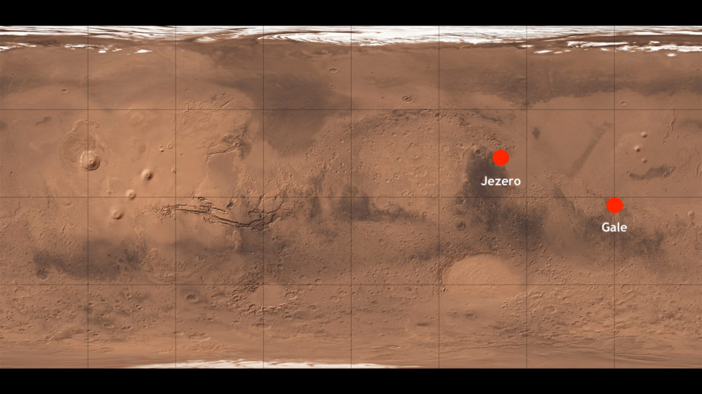 L'emplacement des cratères Gale et Jezero sur Mars. // Source : Wikimedia/CC/NASA, USGS et Who killed Bambi ? (photo recadrée, annotations Numerama)