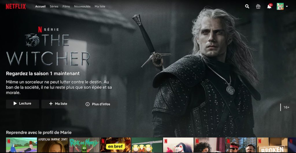 La page d'accueil d'un compte Netflix, qui promeut The Witcher, le 30 décembre 2019