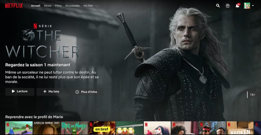 La page d'accueil d'un compte Netflix, qui promeut The Witcher, le 30 décembre 2019 La page d'accueil d'un compte Netflix, qui promeut The Witcher, le 30 décembre 2019