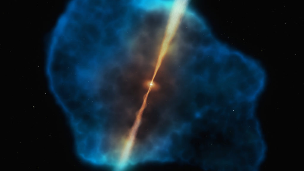 Le halo de gaz d'hydrogène, en bleu, qui entourait probablement les quasars. // Source : ESO/M. Kornmesser (photo recadrée)