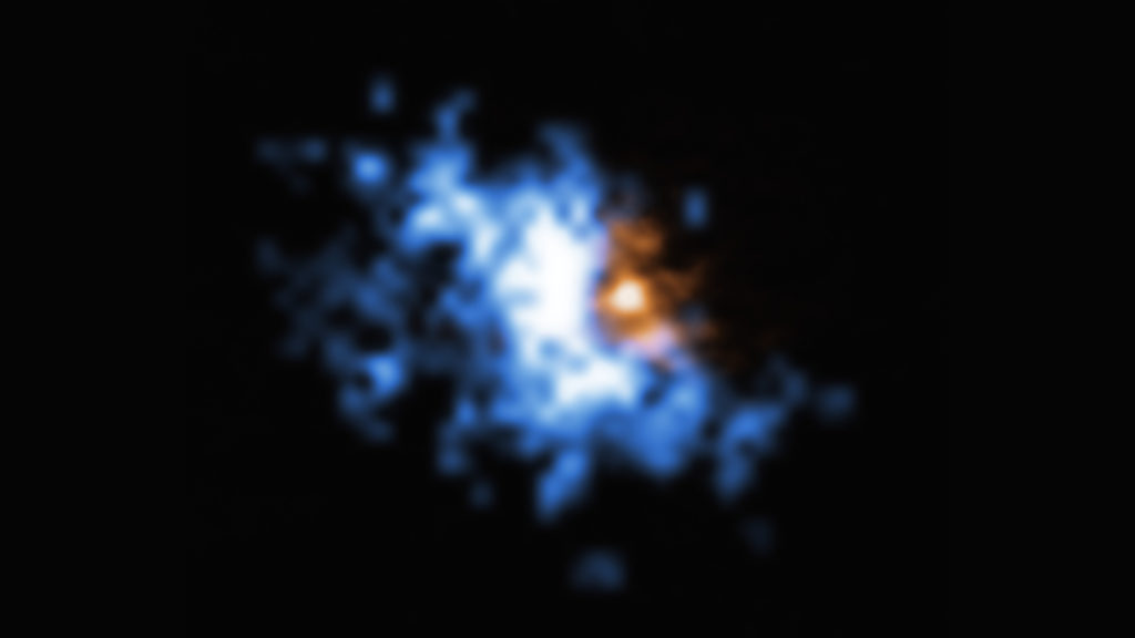 Un halo de gaz observé par MUSE. // Source : ESO/Farina et al.; ALMA (ESO/NAOJ/NRAO), Decarli et al. (photo recadrée)