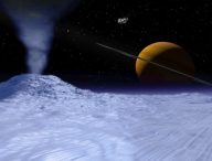 Une vue d'artiste de Saturne (imagée) depuis Encelade (concept) // Source : Wikipedia/CC/David Seal