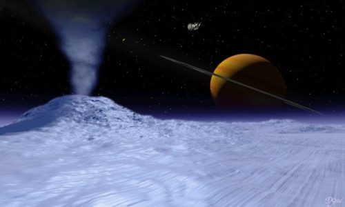 Une vue d'artiste de Saturne (imagée) depuis Encelade (concept) // Source : Wikipedia/CC/David Seal