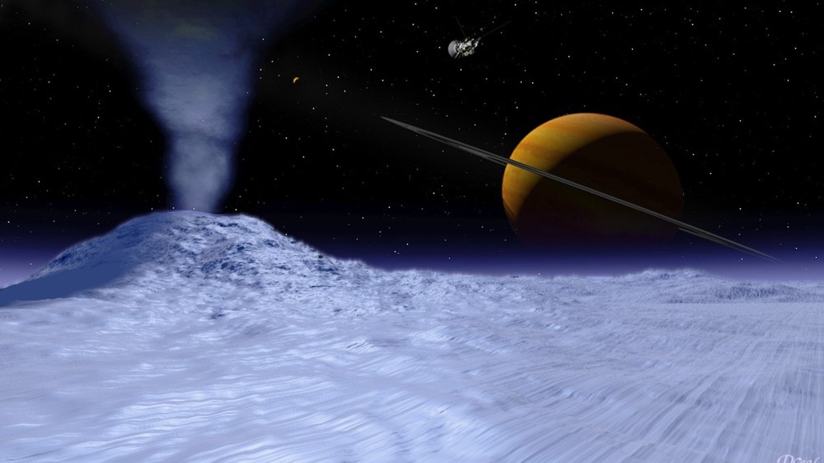 Une vue d'artiste de Saturne (imagée) depuis Encelade (concept) // Source : Wikipedia/CC/David Seal