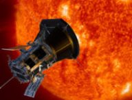 La sonde solaire Parker devant le Soleil, vue d'artiste. // Source : Wikimedia/CC/NASA/Johns Hopkins APL/Steve Gribben (photo recadrée)