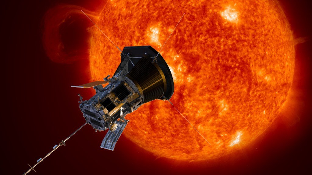 La sonde solaire Parker devant le Soleil, vue d'artiste. // Source : Wikimedia/CC/NASA/Johns Hopkins APL/Steve Gribben (photo recadrée)