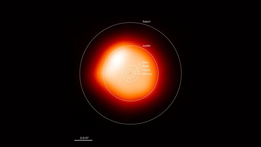 La taille de Bételgeuse, comparée à celle du Soleil. // Source : ALMA (ESO/NAOJ/NRAO)/E. O’Gorman/P. Kervella (photo recadrée)