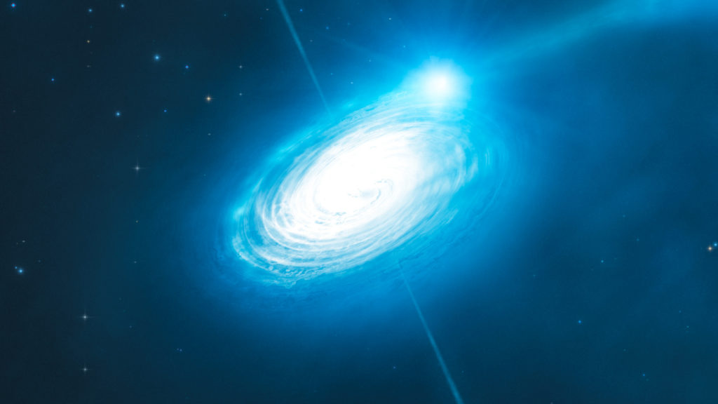 Un trou noir stellaire, vue d'artiste. // Source : Wikimedia/CC/ESO/L. Calçada/M.Kornmesser (photo recadrée)