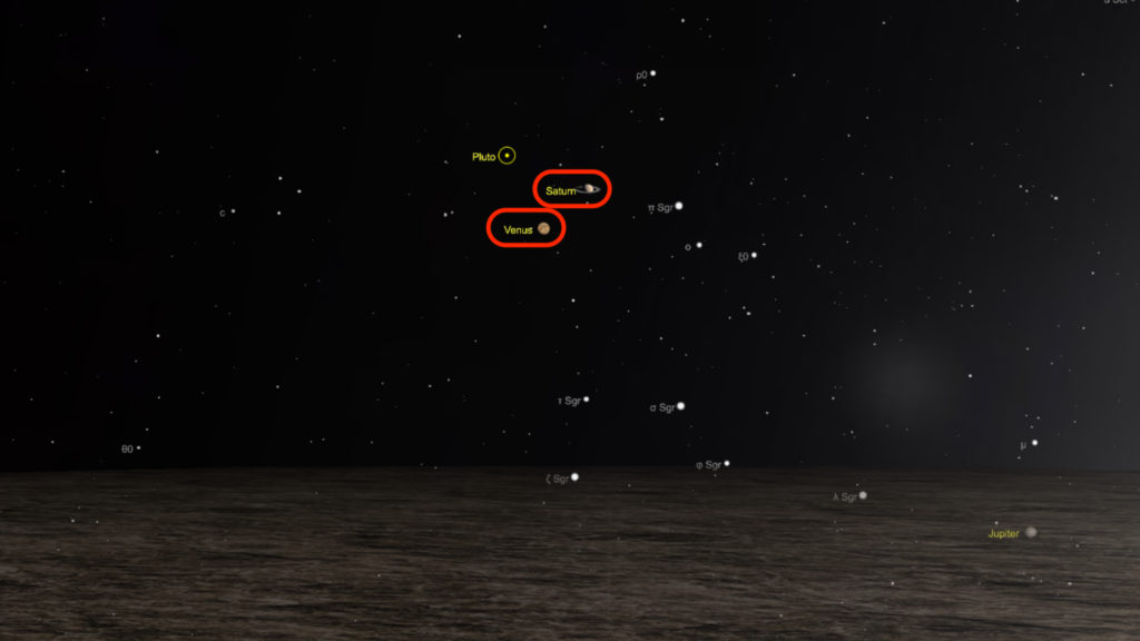 Saturne et Vénus devraient apparaître proches dans le ciel. // Source : Capture d'écran The Sky Live, annotations Numerama