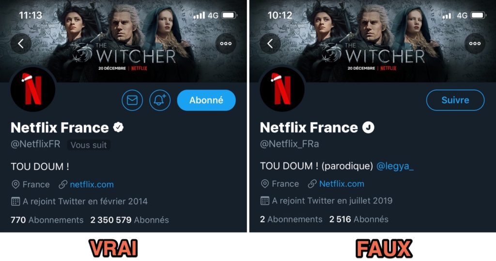 Comparaison du vrai et du faux compte Twitter Netflix France