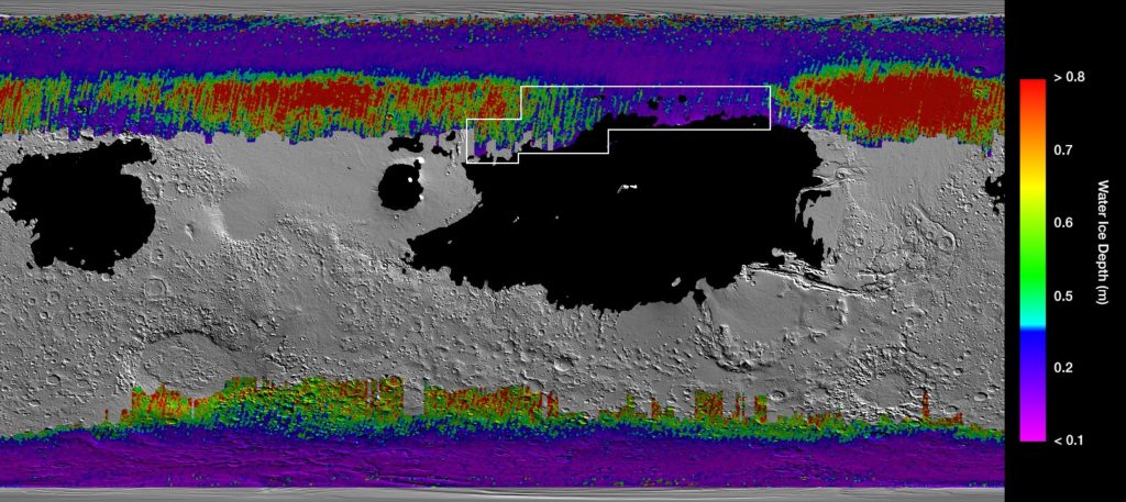 Plus on est sur du bleu et du violet, plus l'eau glacée est proche de la surface. Les zones noire sont celles où un atterrissage serait possible. Le cadre blanc désigne la région pertinente repérée par les scientifiques. // Source : Nasa