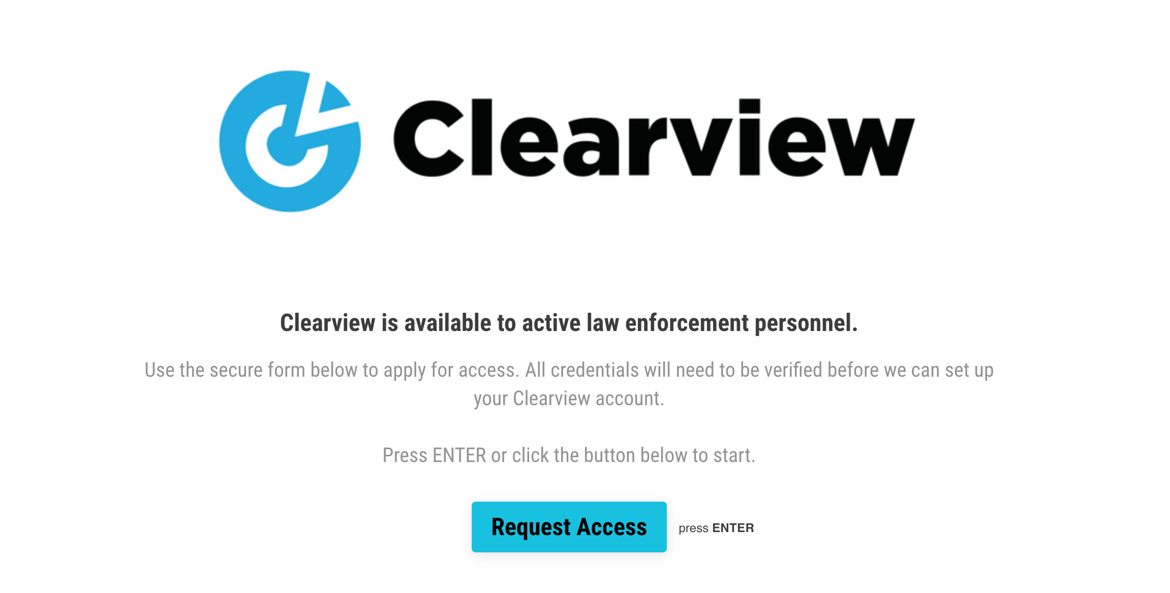 Clearview prétend qu'il faut un email lié à une agence des forces de l'ordre pour accéder à son logiciel. // Source : Capture d'écran du site de Clearview