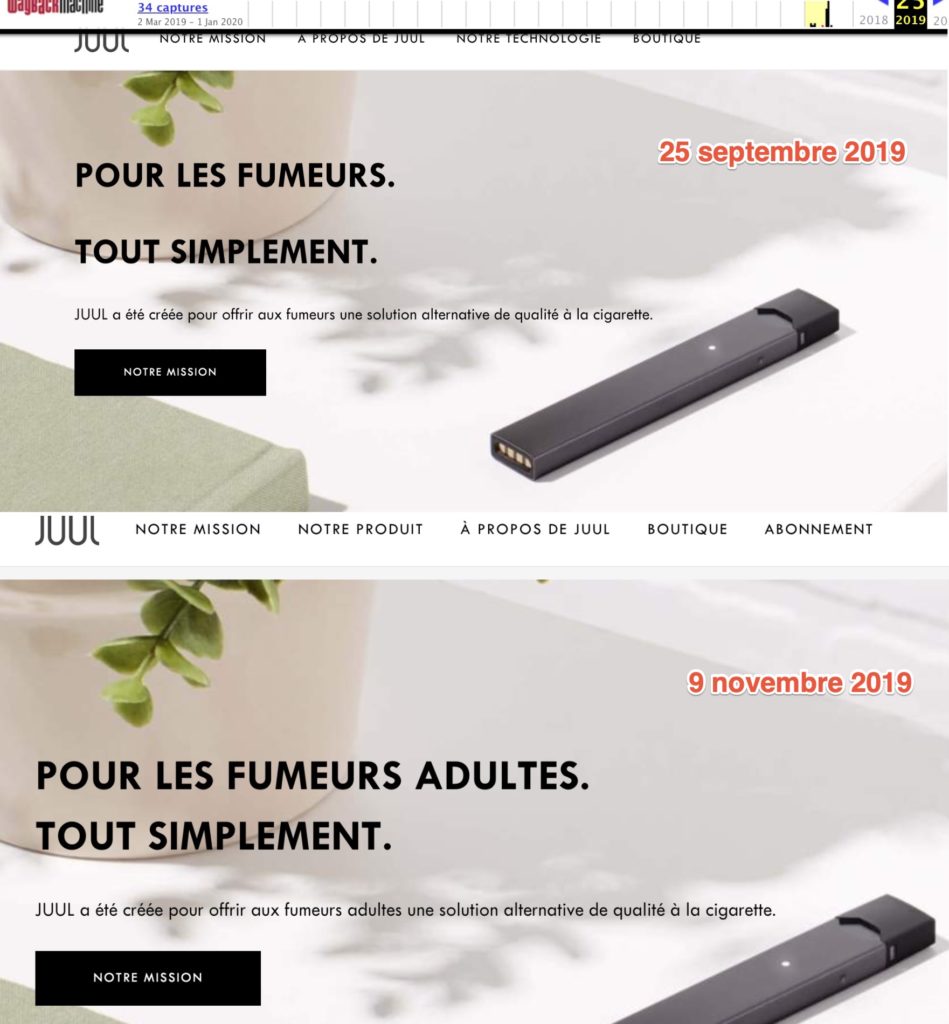 Le site JUUL.fr en septembre (haut) et en novembre (bas) // Source : JUUL.fr