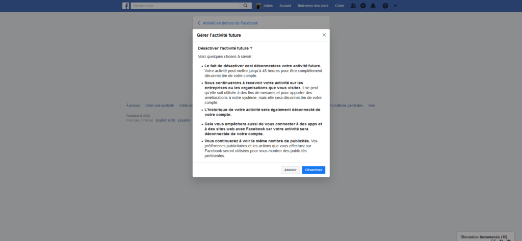 La désactivation de cette option aura des effets positifs et négatifs, prévient Facebook.
