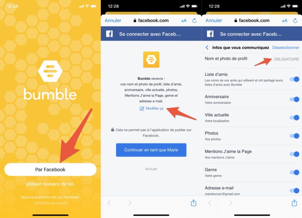 Ce qu'il se passe quand l'app Bumble vous demande une connexion via Facebook // Source : Capture Numerama