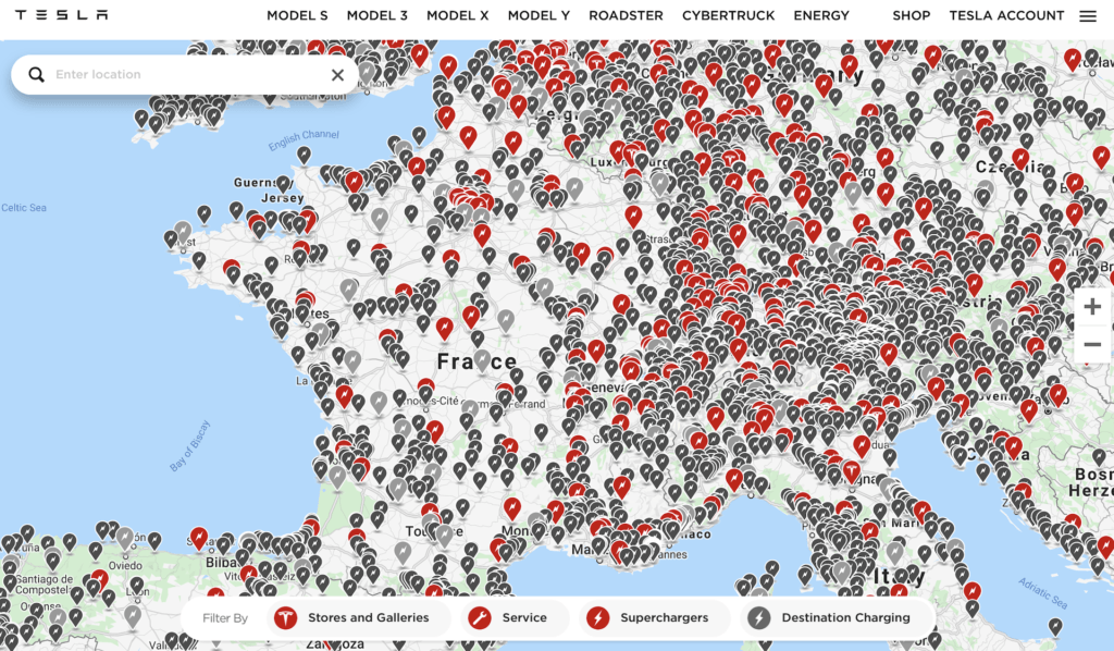 Carte des Superchargeurs en France (2020) // Source : Tesla