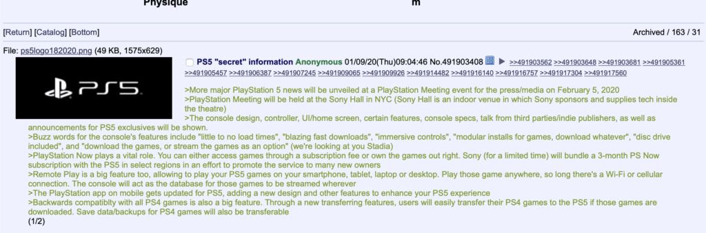 Rumeurs PlayStation 5 // Source : 4Chan