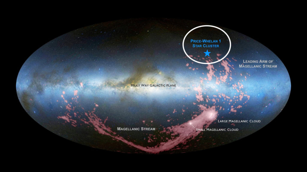 Une carte de la Voie lactée, des nuages de Magellan et de l'amas découvert. // Source : D. Nidever; NASA (photo recadrée, annotation Numerama)