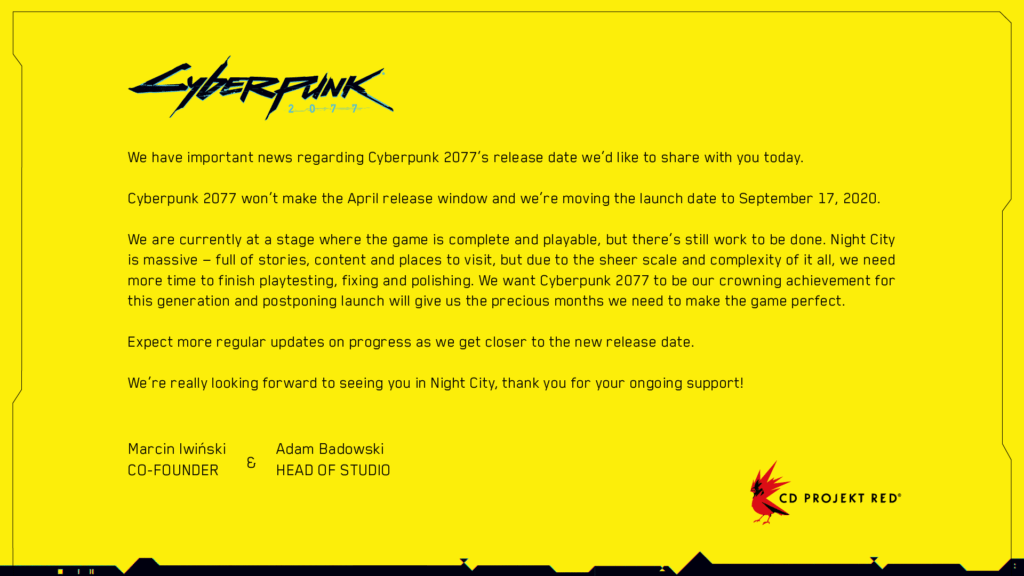 Cyberpunk 2077 repoussé // Source : CD Projekt Red Cyberpunk 2077 repoussé // Source : CD Projekt Red