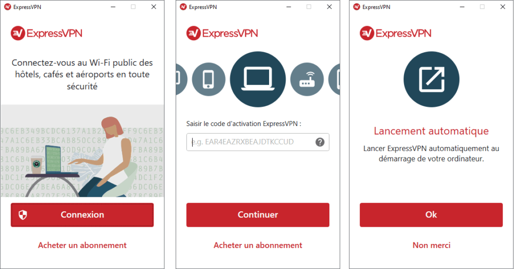 Sur Windows, l'installation est très simple. Pour se connecter, il suffit simplement d'entrer un code d'activation disponible sur son compte sur le site d'ExpressVPN.