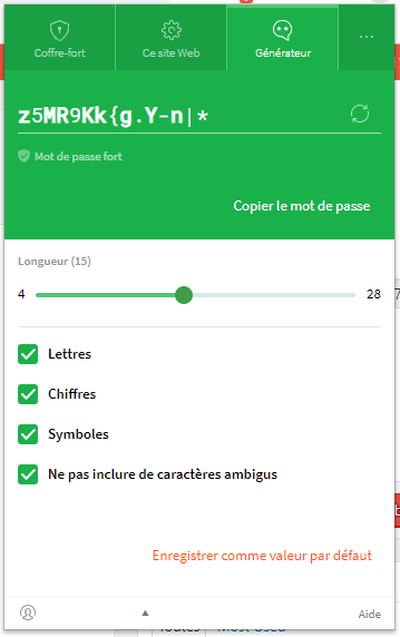 Dashlane comprend un générateur de mot de passe qui permet de concevoir des mots de passe très forts en quelques clics.