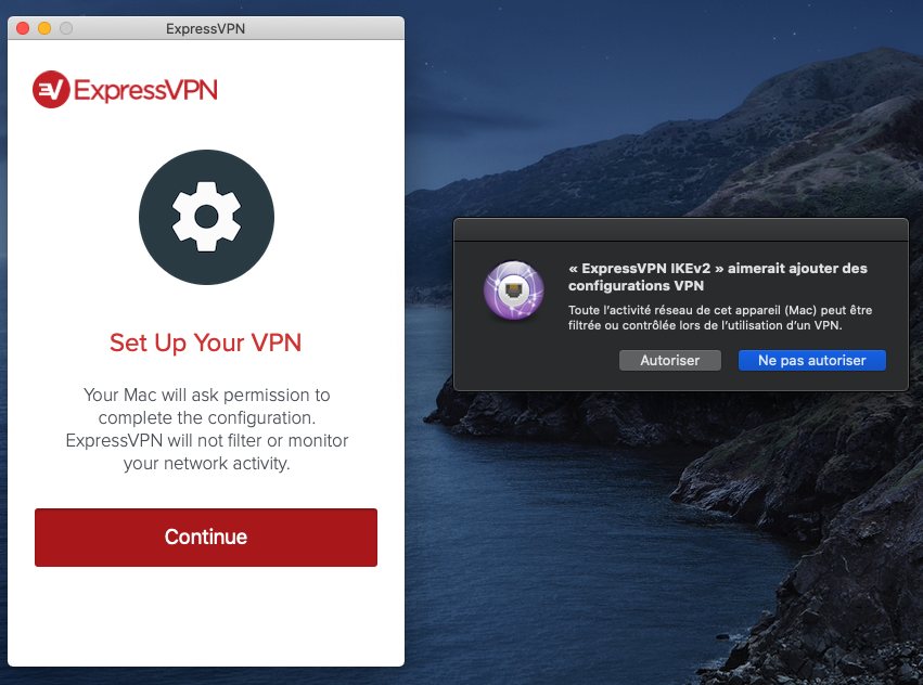 MacOS indique que le VPN va prendre le contrôle de la connexion. Un comportement attendu étant donné la nature de l'application VPN.
