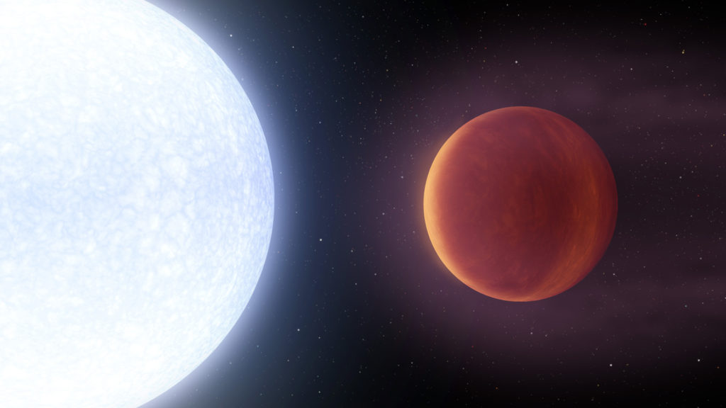 KELT-9b et son étoile, vue d'artiste. // Source : Wikimedia/CC/NASA/JPL-Caltech (photo recadrée)