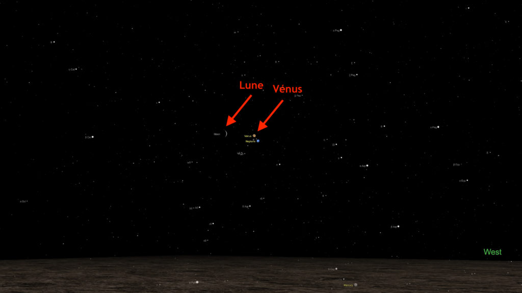 La Lune et Vénus vues de Paris le 28 janvier 2020 à 18h15. // Source : Capture d'écran The Sky Live, annotations Numerama