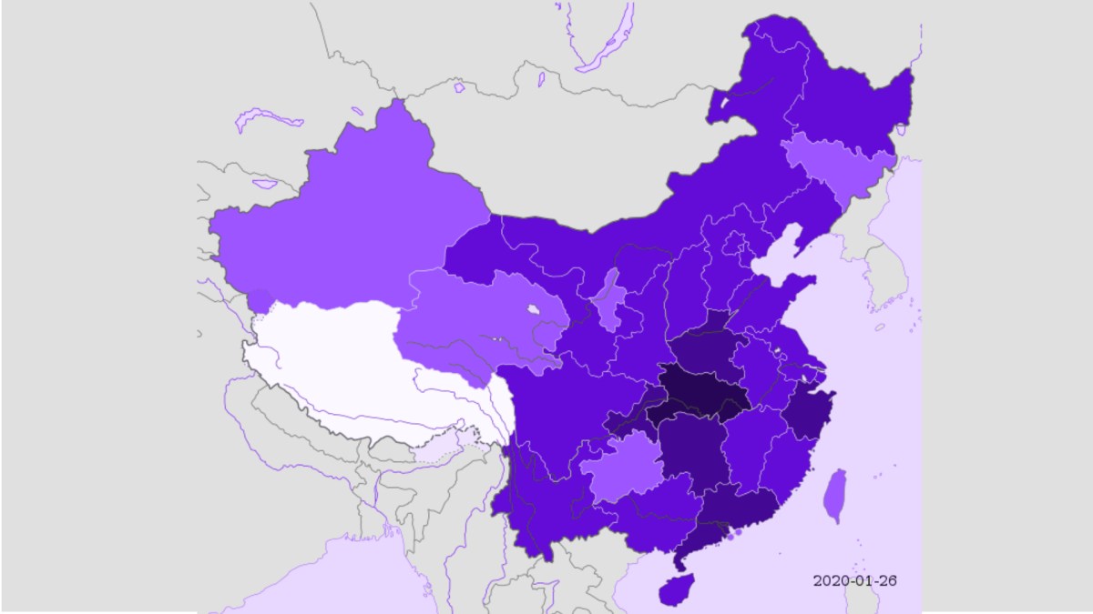 Carte de la Chine par nombre de cas de nCov enregistrés, à date du 26 janvier 2020 (plus le violet est foncé, plus il y a de cas : on repère bien l'épicentre de la région de Wuhan, au centre du pays).  // Source : Carte de la Chine par nombre de cas de nCov enregistrés, à date du 26 janvier 2020 (plus le violet est foncé, plus il y a de cas : on repère bien l'épicentre de la région de Wuhan, au centre du pays).