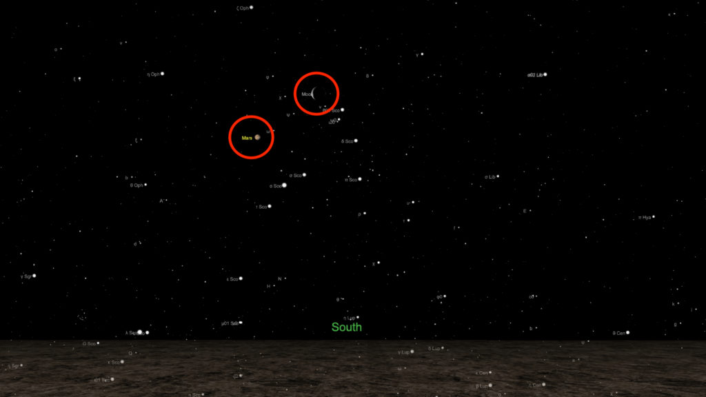 Mars et la Lune le 20 janvier 2020 à 8h vues de Paris.  // Source : Capture d'écran The Sky Live, annotations Numerama