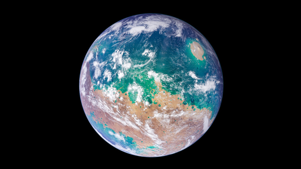 Mars couverte par des océans. // Source : Flickr/CC/Kevin Gill (photo recadrée et modifiée)