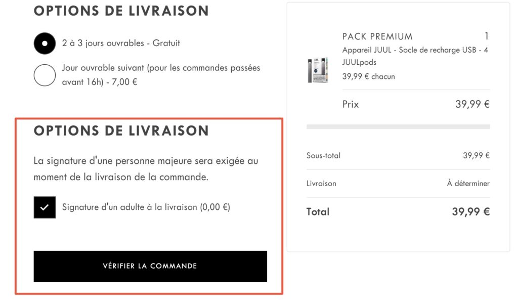 Capture d'écran des options de livraison JUUL // Source : Juul.fr Capture d'écran des options de livraison JUUL // Source : Juul.fr