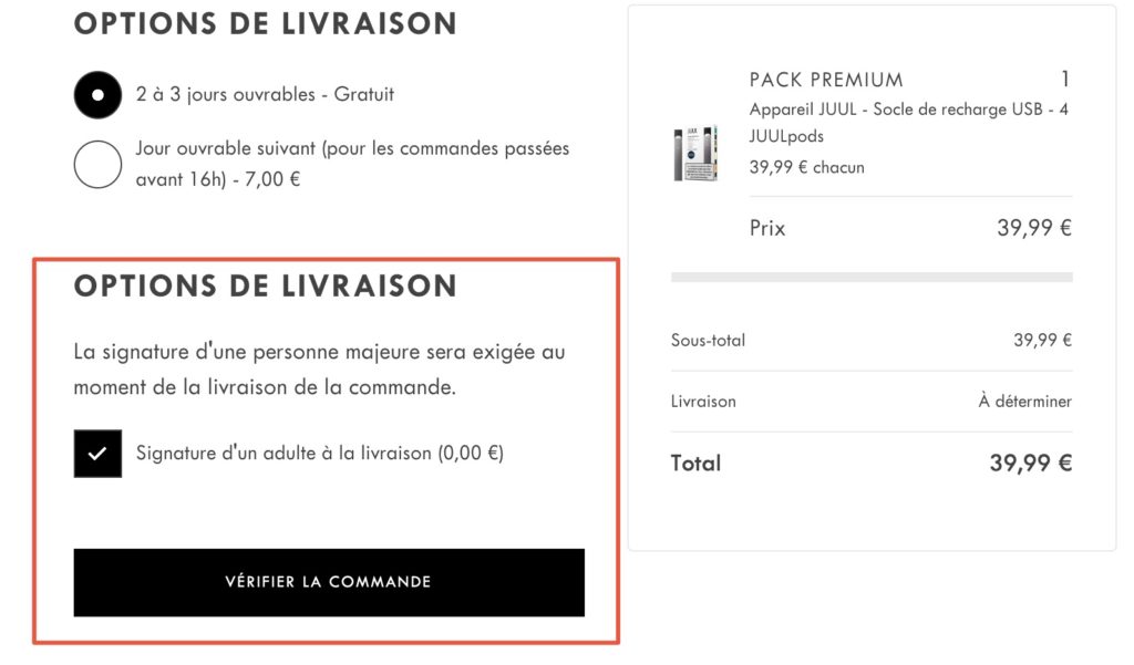 Capture d'écran des options de livraison JUUL // Source : Juul.fr