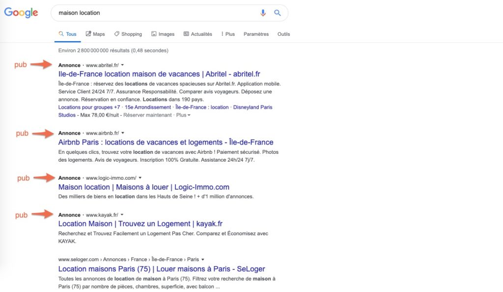 Résultats recherches "maison location" sur Google le 25 janvier 2020